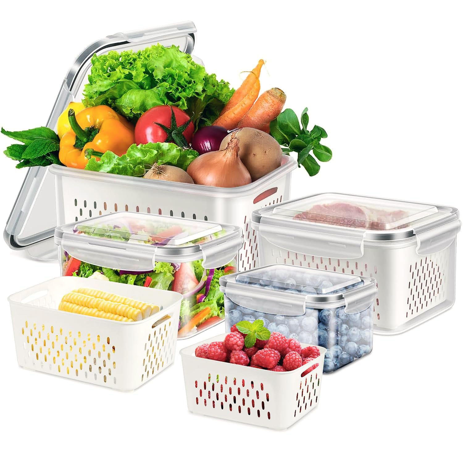 5-Pack BPA-Free Plastic Fruit Storage Container Set with Removable Colander – Fridge Organizer for Berries, Vegetables & Salad, Stackable, Microwave & Dishwasher Safe, Customizable, Factory Direct Wholesale