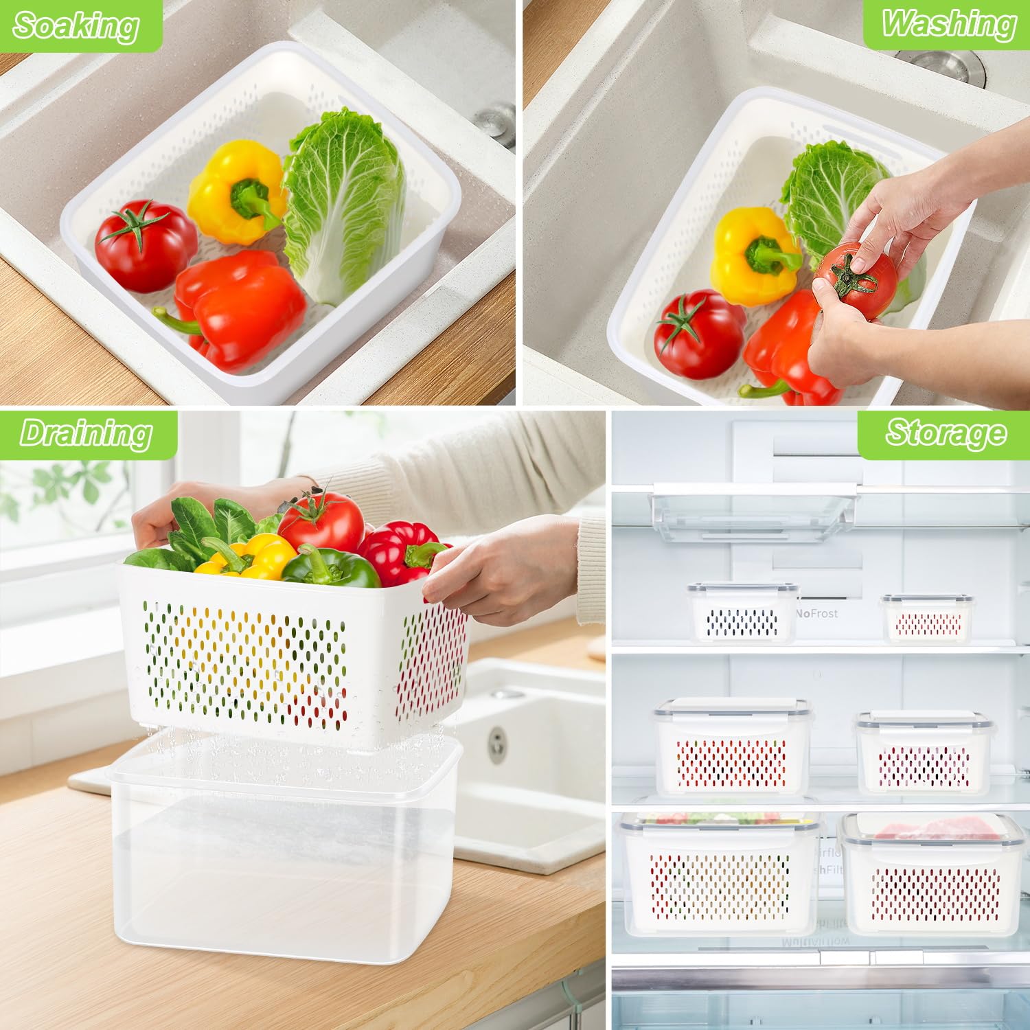 5-Pack BPA-Free Plastic Fruit Storage Container Set with Removable Colander – Fridge Organizer for Berries, Vegetables & Salad, Stackable, Microwave & Dishwasher Safe, Customizable, Factory Direct Wholesale