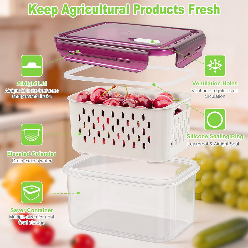 5-Pack BPA-Free Plastic Fruit Storage Container Set with Removable Colander – Fridge Organizer for Berries, Vegetables & Salad, Stackable, Microwave & Dishwasher Safe, Customizable, Factory Direct Wholesale