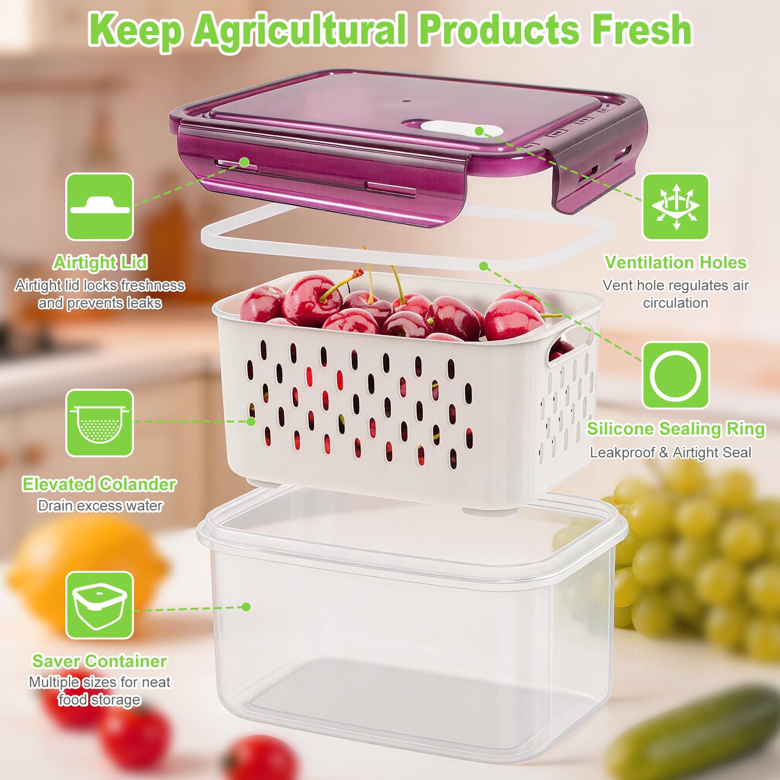 5-Pack BPA-Free Plastic Fruit Storage Container Set with Removable Colander – Fridge Organizer for Berries, Vegetables & Salad, Stackable, Microwave & Dishwasher Safe, Customizable, Factory Direct Wholesale