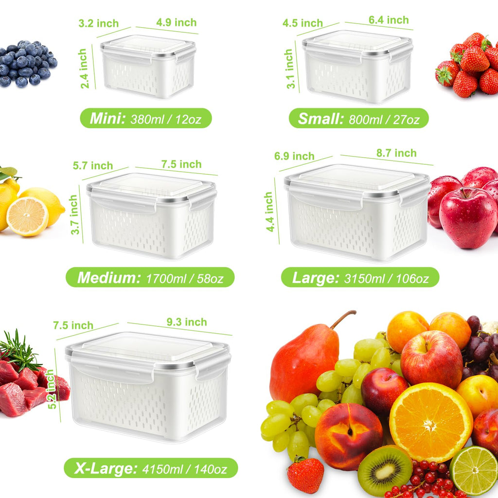 5-Pack BPA-Free Plastic Fruit Storage Container Set with Removable Colander – Fridge Organizer for Berries, Vegetables & Salad, Stackable, Microwave & Dishwasher Safe, Customizable, Factory Direct Wholesale