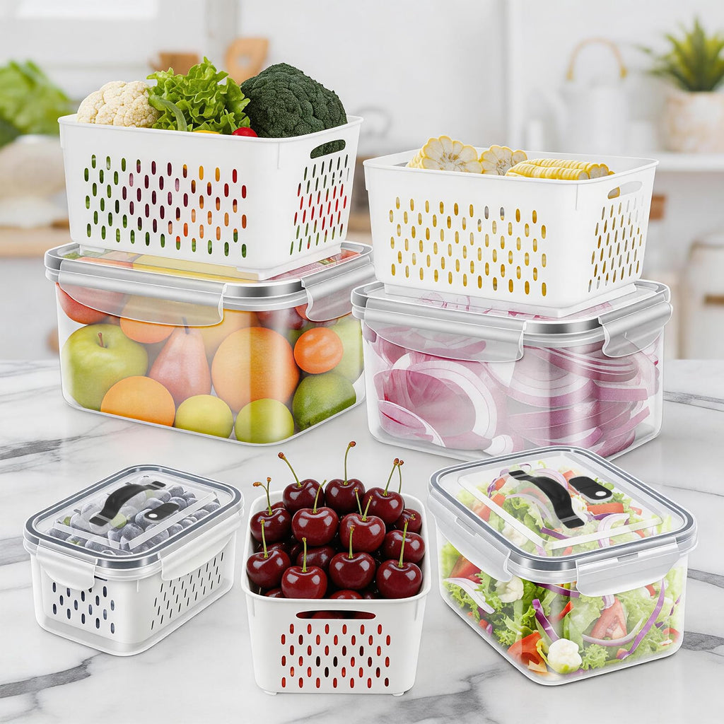 5-Pack BPA-Free Plastic Fruit Storage Container Set with Removable Colander – Fridge Organizer for Berries, Vegetables & Salad, Stackable, Microwave & Dishwasher Safe, Customizable, Factory Direct Wholesale