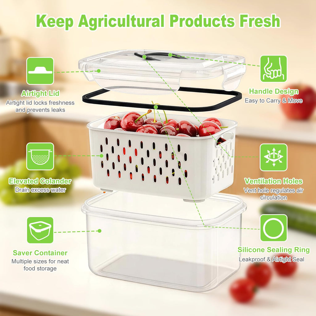 5-Pack BPA-Free Plastic Fruit Storage Container Set with Removable Colander – Fridge Organizer for Berries, Vegetables & Salad, Stackable, Microwave & Dishwasher Safe, Customizable, Factory Direct Wholesale