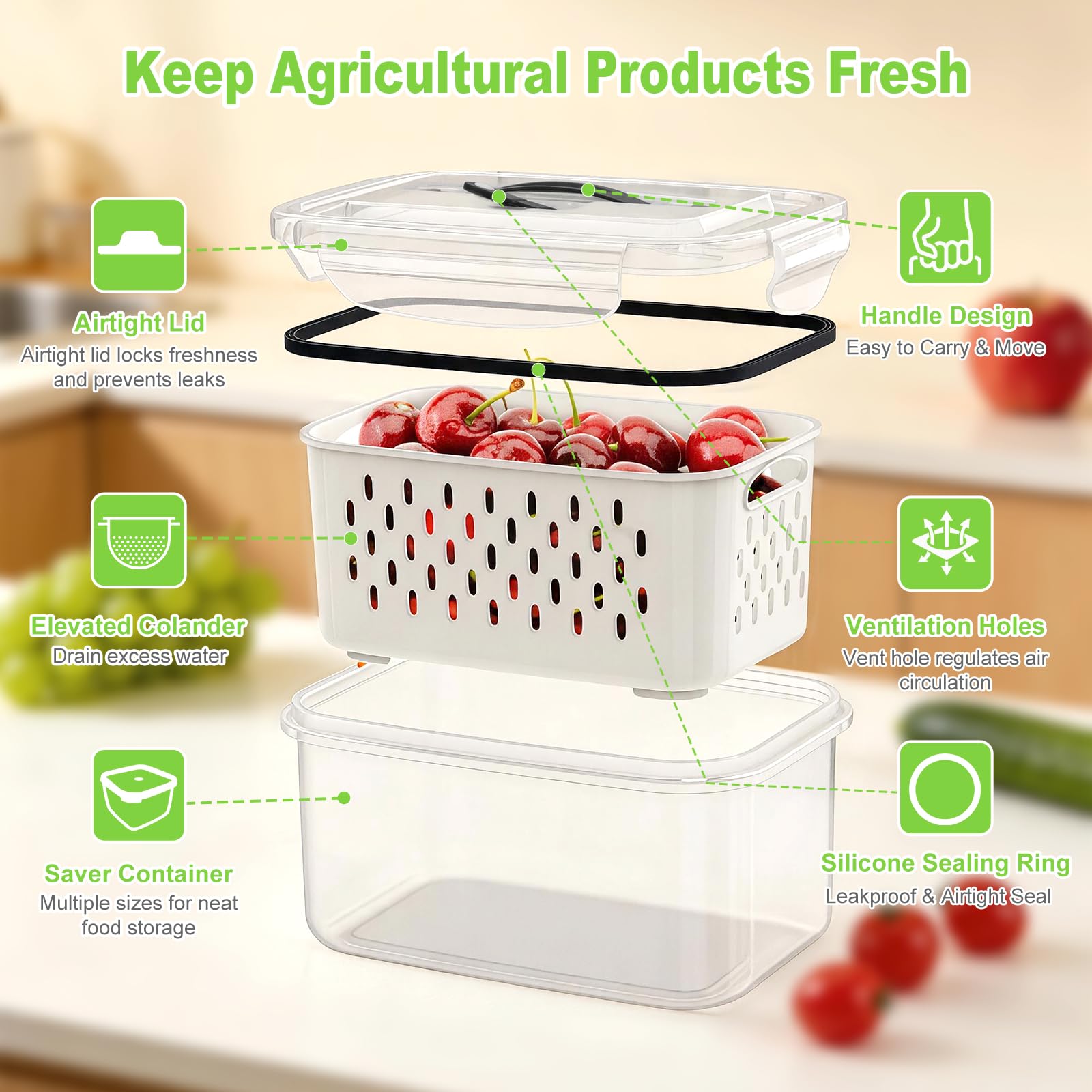 5-Pack BPA-Free Plastic Fruit Storage Container Set with Removable Colander – Fridge Organizer for Berries, Vegetables & Salad, Stackable, Microwave & Dishwasher Safe, Customizable, Factory Direct Wholesale