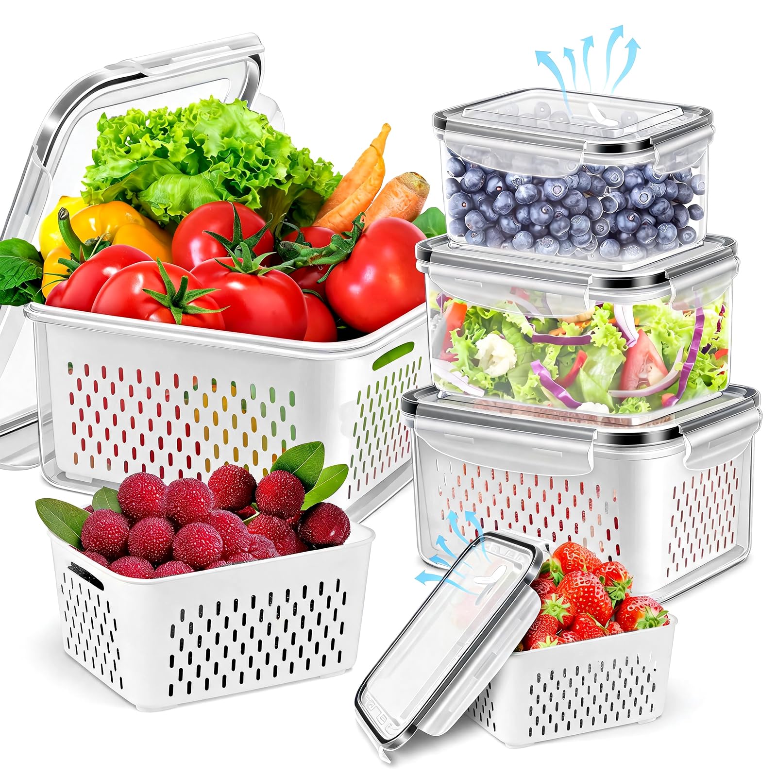 5-Pack BPA-Free Plastic Fruit Storage Container Set with Removable Colander – Fridge Organizer for Berries, Vegetables & Salad, Stackable, Microwave & Dishwasher Safe, Customizable, Factory Direct Wholesale