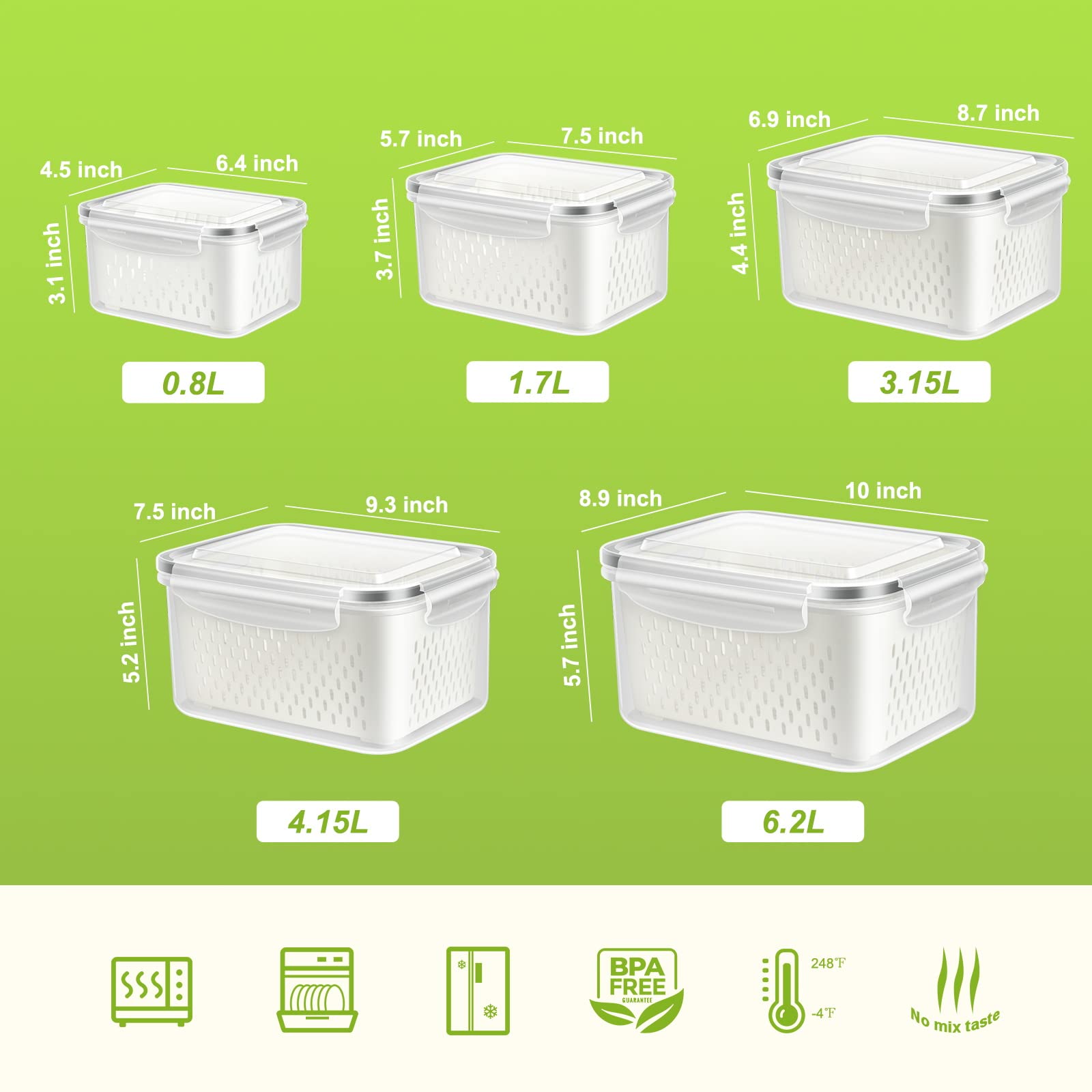 5-Pack BPA-Free Plastic Fruit Storage Container Set with Removable Colander – Fridge Organizer for Berries, Vegetables & Salad, Stackable, Microwave & Dishwasher Safe, Customizable, Factory Direct Wholesale