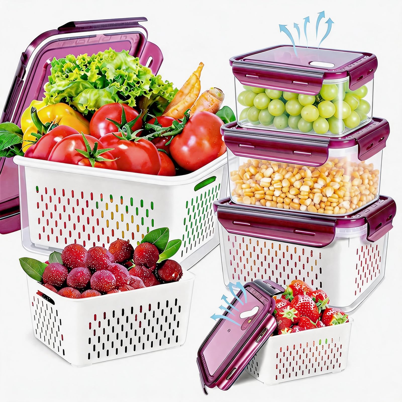 5-Pack BPA-Free Plastic Fruit Storage Container Set with Removable Colander – Fridge Organizer for Berries, Vegetables & Salad, Stackable, Microwave & Dishwasher Safe, Customizable, Factory Direct Wholesale
