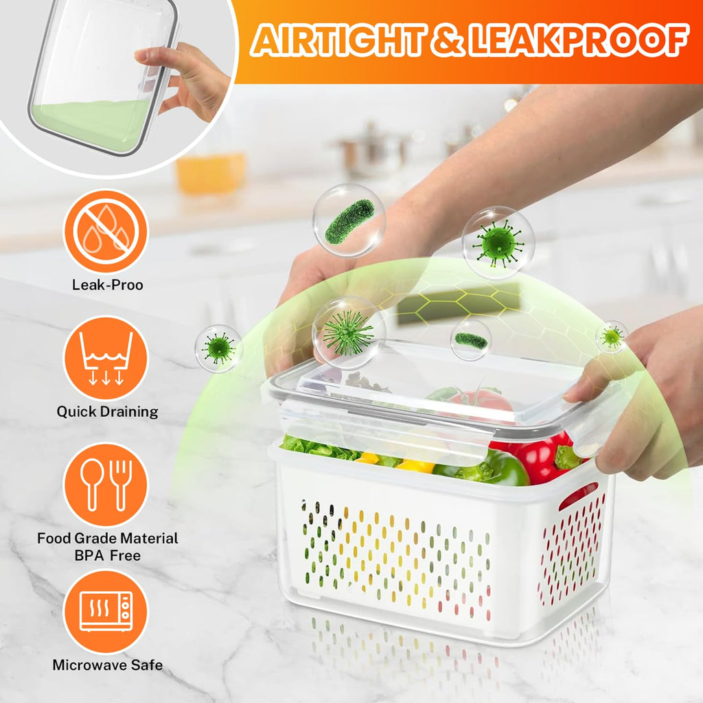 5-Pack BPA-Free Plastic Fruit Storage Container Set with Removable Colander – Fridge Organizer for Berries, Vegetables & Salad, Stackable, Microwave & Dishwasher Safe, Customizable, Factory Direct Wholesale