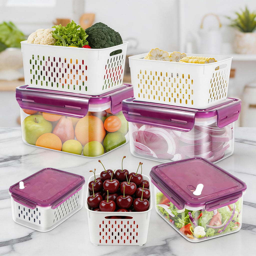 5-Pack BPA-Free Plastic Fruit Storage Container Set with Removable Colander – Fridge Organizer for Berries, Vegetables & Salad, Stackable, Microwave & Dishwasher Safe, Customizable, Factory Direct Wholesale