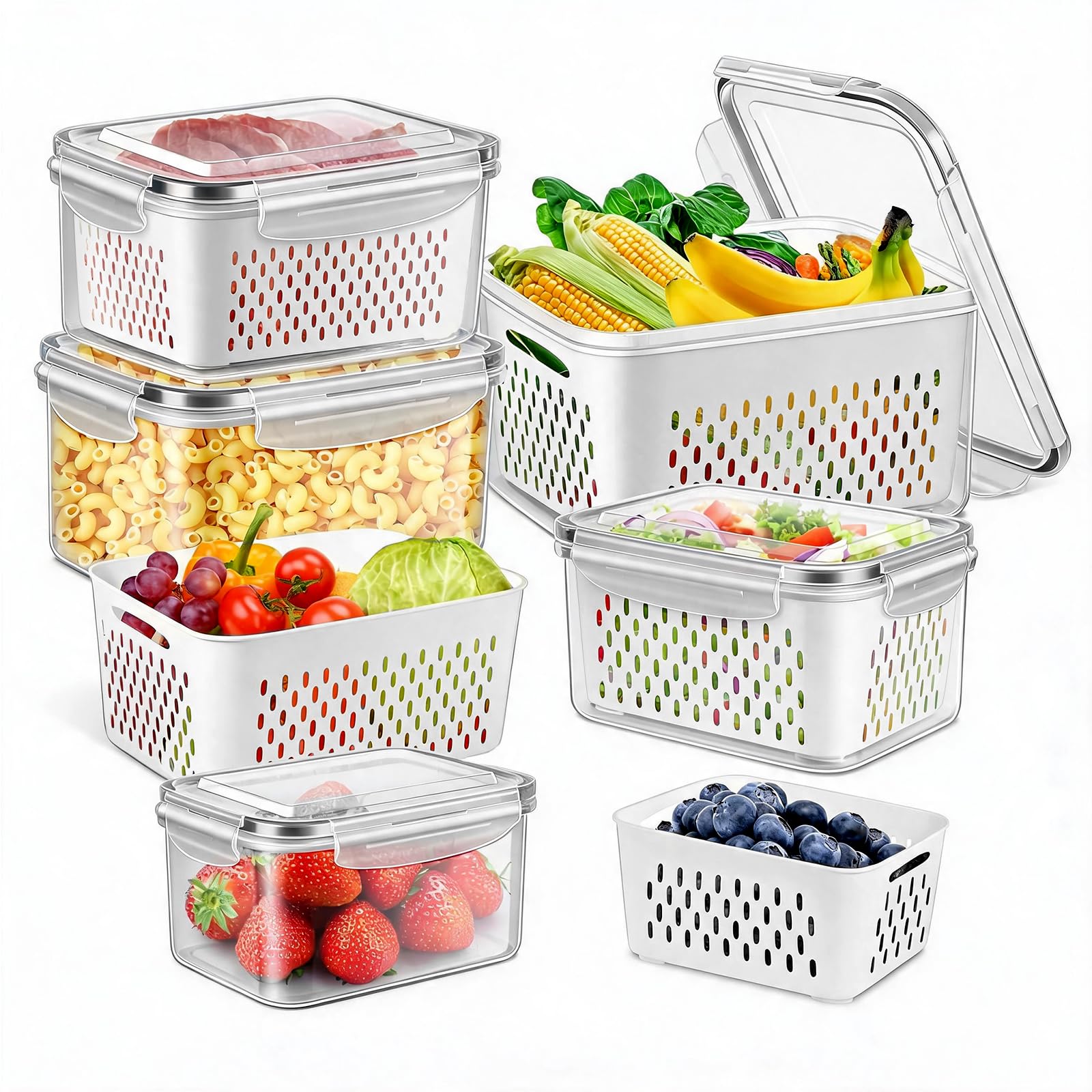 5-Pack BPA-Free Plastic Fruit Storage Container Set with Removable Colander – Fridge Organizer for Berries, Vegetables & Salad, Stackable, Microwave & Dishwasher Safe, Customizable, Factory Direct Wholesale