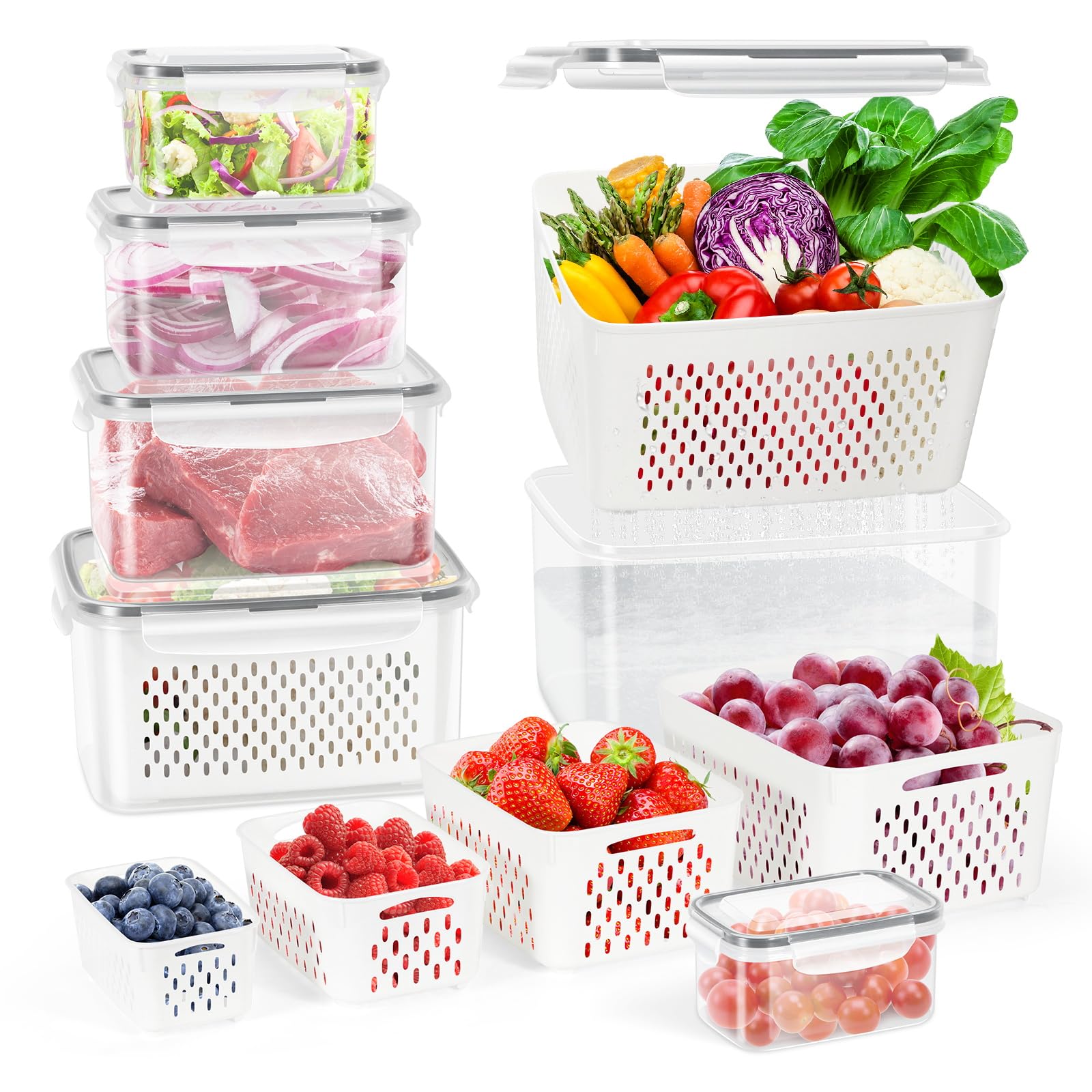 5-Pack BPA-Free Plastic Fruit Storage Container Set with Removable Colander – Fridge Organizer for Berries, Vegetables & Salad, Stackable, Microwave & Dishwasher Safe, Customizable, Factory Direct Wholesale
