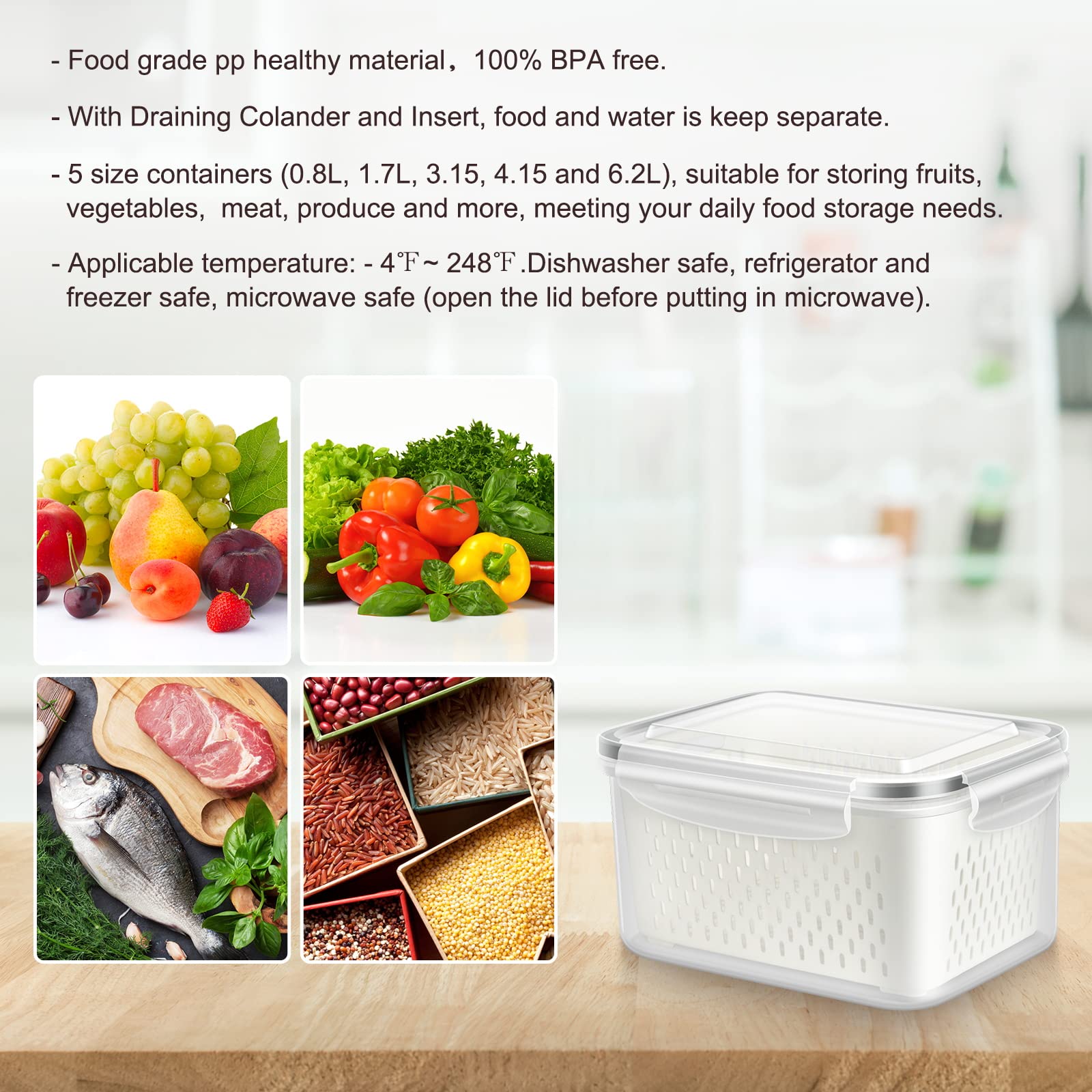 5-Pack BPA-Free Plastic Fruit Storage Container Set with Removable Colander – Fridge Organizer for Berries, Vegetables & Salad, Stackable, Microwave & Dishwasher Safe, Customizable, Factory Direct Wholesale