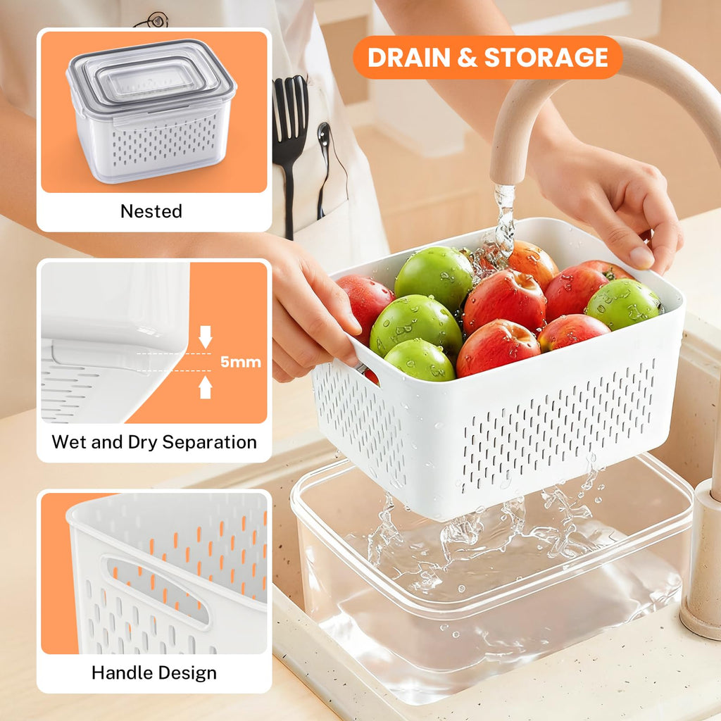 5-Pack BPA-Free Plastic Fruit Storage Container Set with Removable Colander – Fridge Organizer for Berries, Vegetables & Salad, Stackable, Microwave & Dishwasher Safe, Customizable, Factory Direct Wholesale