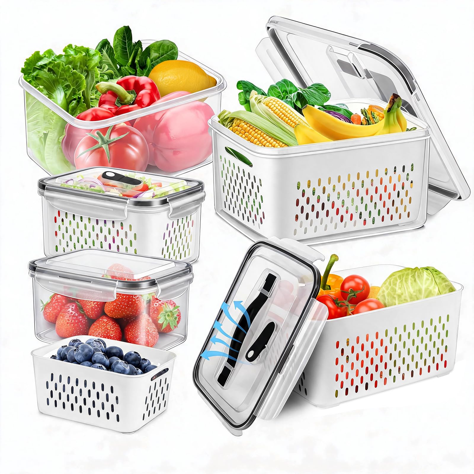 5-Pack BPA-Free Plastic Fruit Storage Container Set with Removable Colander – Fridge Organizer for Berries, Vegetables & Salad, Stackable, Microwave & Dishwasher Safe, Customizable, Factory Direct Wholesale