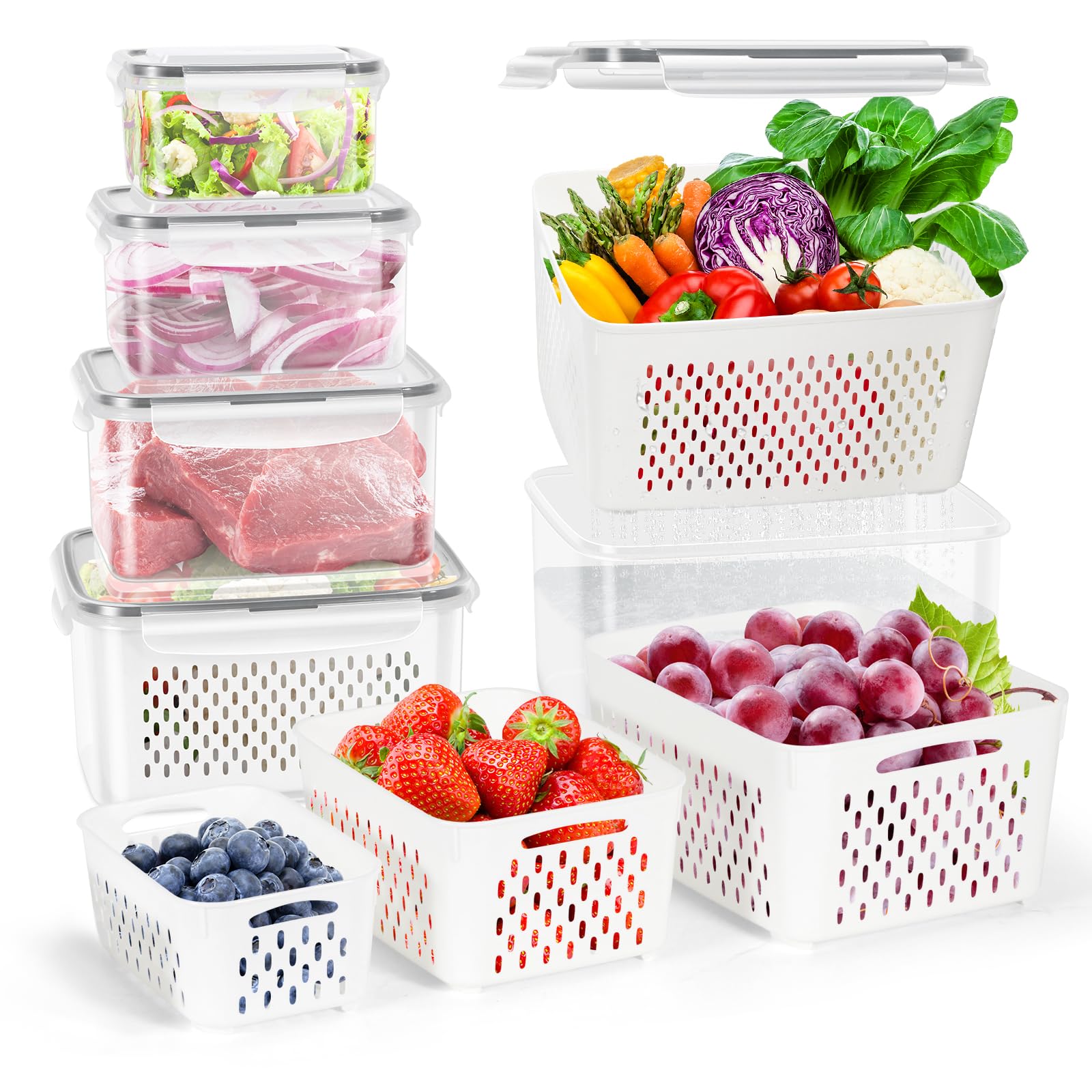 5-Pack BPA-Free Plastic Fruit Storage Container Set with Removable Colander – Fridge Organizer for Berries, Vegetables & Salad, Stackable, Microwave & Dishwasher Safe, Customizable, Factory Direct Wholesale