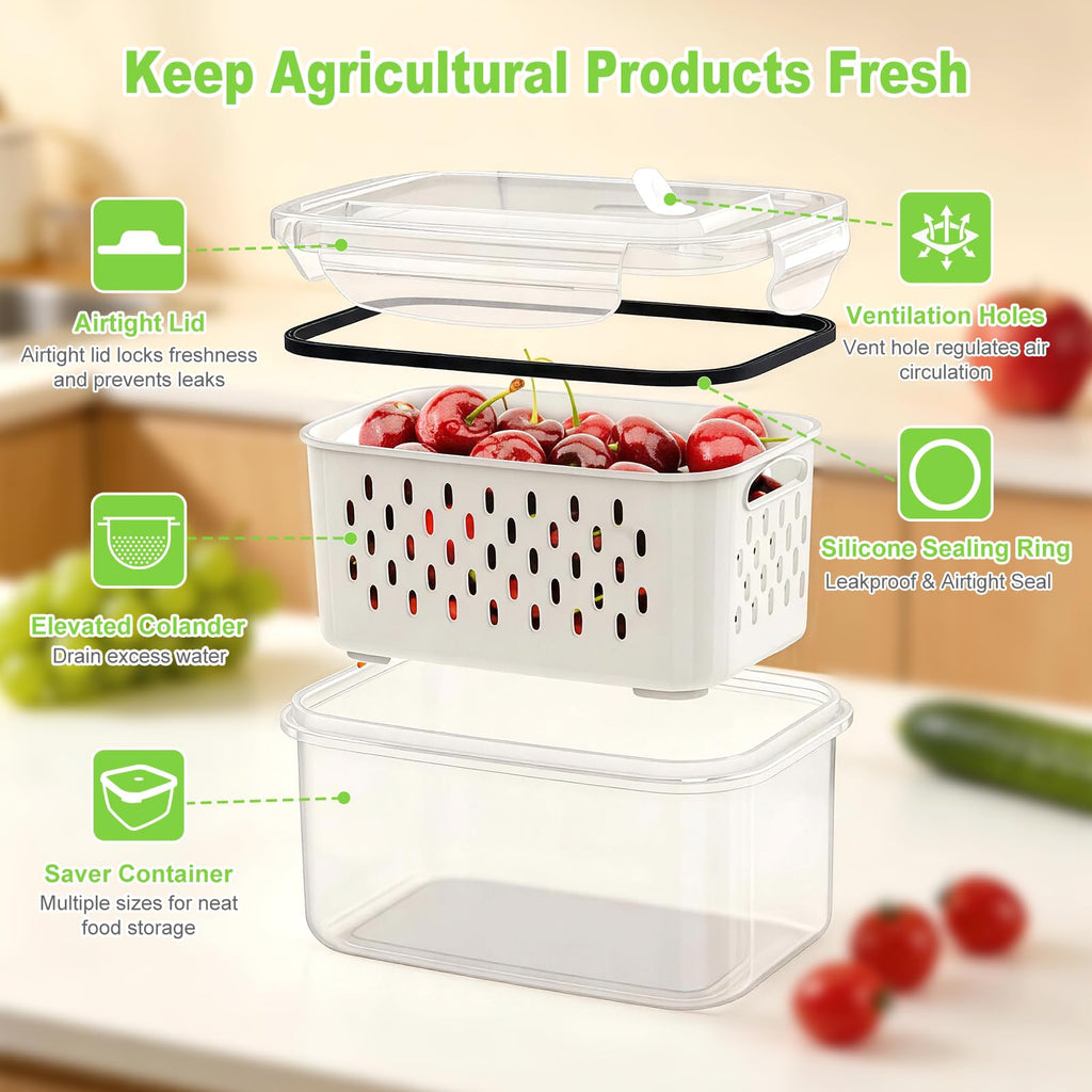 5-Pack BPA-Free Plastic Fruit Storage Container Set with Removable Colander – Fridge Organizer for Berries, Vegetables & Salad, Stackable, Microwave & Dishwasher Safe, Customizable, Factory Direct Wholesale